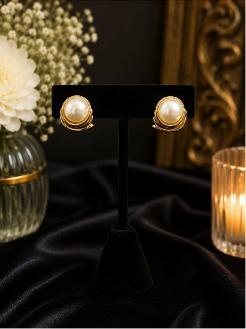 Vintage Sears Gold Tone Faux Pearl Swirl Stud Earrings